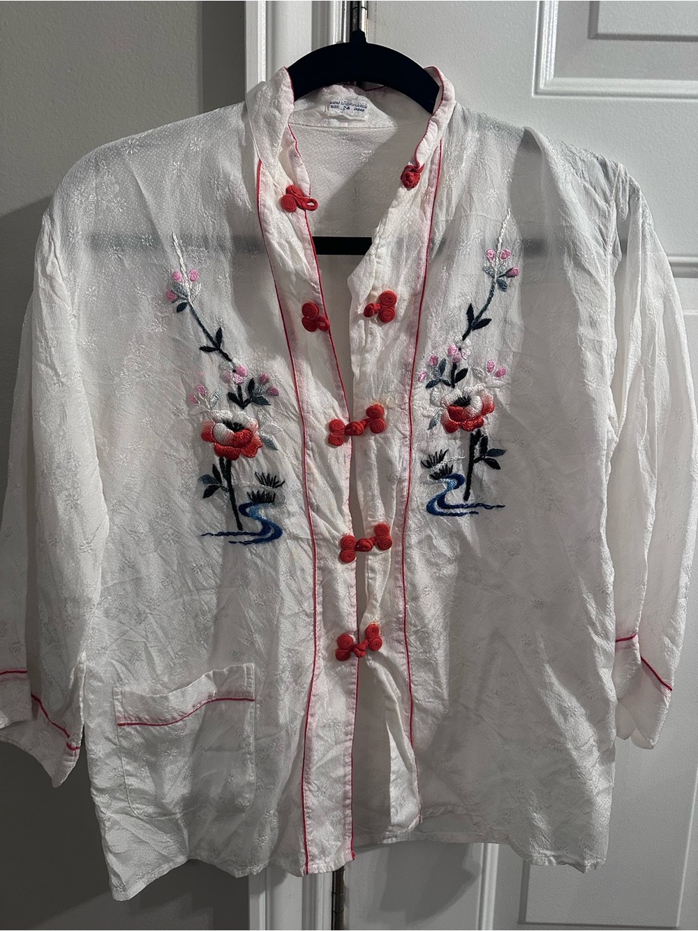 Hand Crafted White Button-Down Japanese Top with Red Embroidered Accents